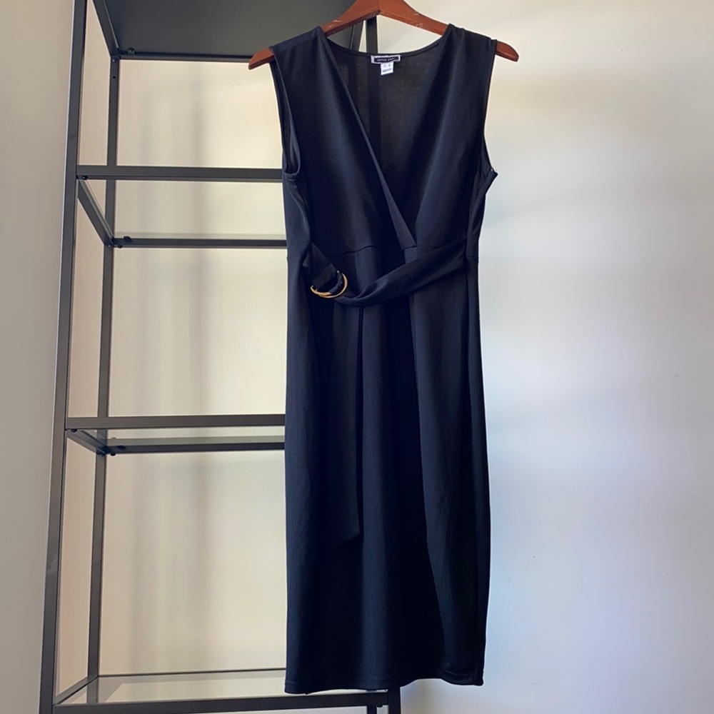 Another Story Faux Wrap Black Dress with Belt